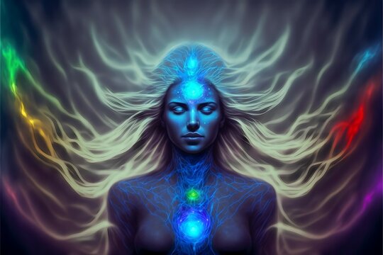 Astral spiritual enlightened female with glowing long hair, meditating in a healing energy aura of chakra colors as a blue iridescent realistic woman from a fantasy world.