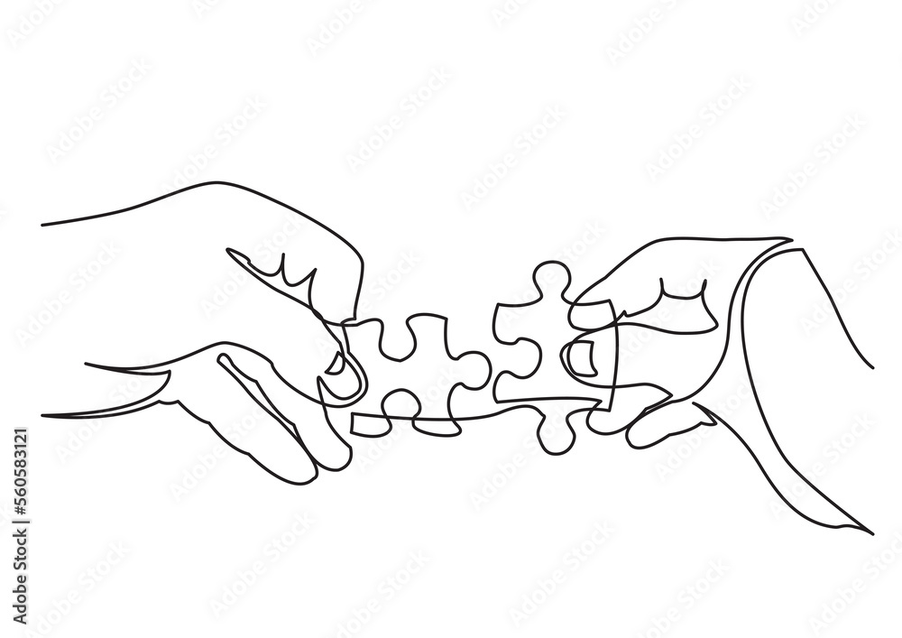 Poster continuous line drawing hands solving jigsaw puzzle - png image with transparent background