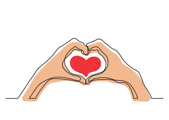 continuous line drawing hands showing love sign in color - PNG image with transparent background