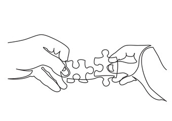 continuous line drawing hands solving jigsaw puzzle - PNG image with transparent background