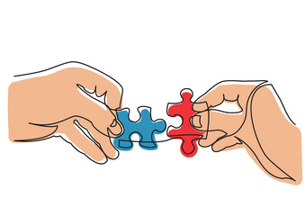 continuous line drawing hands solving jigsaw puzzle in color - PNG image with transparent background