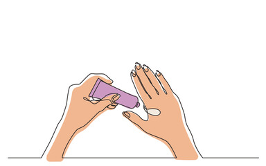 continuous line drawing hands testing moisturizing skin cream in color - PNG image with transparent background
