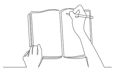 continuous line drawing hands writing in workbook - PNG image with transparent background