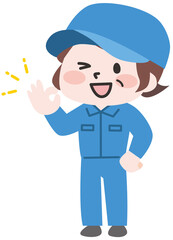 オッケーのポーズをするシニア女性作業員