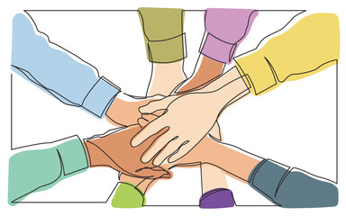 continuous line drawing team holding hands together in color - PNG image with transparent background - obrazy, fototapety, plakaty