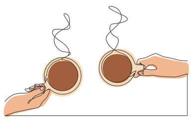 continuous line drawing two hands holding coffee cups in color - PNG image with transparent background