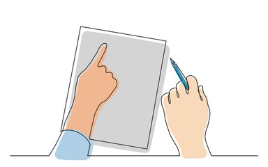 continuous line drawing two hands pointing at blank piece of paper in color - PNG image with transparent background