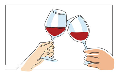 continuous line drawing two hands toasting with glasses of wine in color - PNG image with transparent background