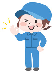 オッケーのポーズをするシニア女性作業員