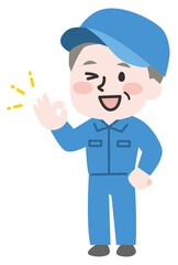 オッケーのポーズをするシニア男性作業員