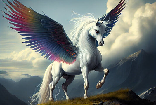White unicorn with rainbow wings on the top of mountain background. Generative AI