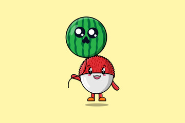 Cute cartoon Lychee floating with watermelon balloon in flat cartoon vector icon illustration