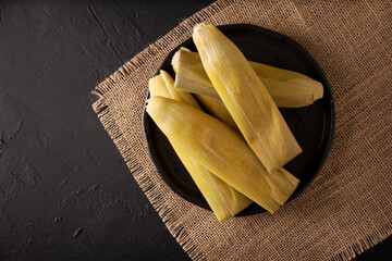 Tamales de Elote, also called Uchepos. Typical Mexican dish. Can be served with green salsa and accompanied by sour cream or served as a dessert covered with caramel or any other sweet topping