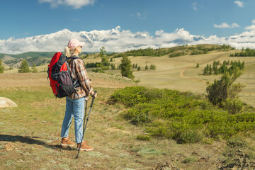 Traveler hiking with backpack in mountains landscape. Hiker with backpack enjoying valley view.