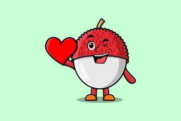 Cute cartoon Lychee character holding big red heart in modern style design illustration