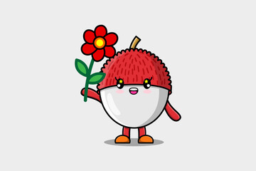 Cute cartoon Lychee character holding red flower in concept 3d cartoon style