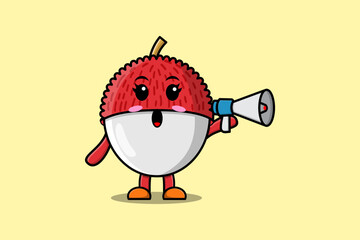 Cute Cartoon Lychee character speak with megaphone in 3d cartoon style concept