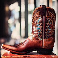 Cowboy boot close-up photo. Leather cowboy boot photo. Aperture photography, depth of field