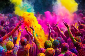 Foto op Aluminium happy hindu indian people celebrate holi festival by throwing colorful powder at each other, generative AI © Paulina