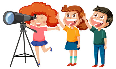 Kids observing the sky with a telescope