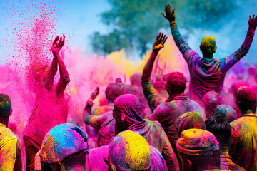happy hindu indian people celebrate holi festival by throwing colorful powder at each other, generative AI