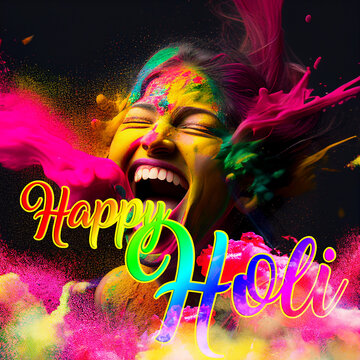 colorful picture postcard for holi festival with happy holi inscription, generative AI