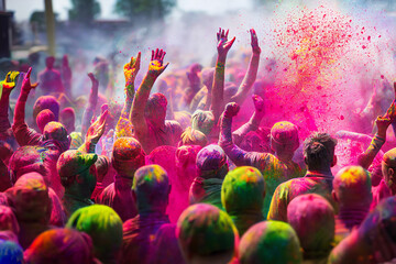 Obraz na płótnie Canvas happy hindu indian people celebrate holi festival by throwing colorful powder at each other, generative AI