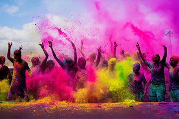 happy hindu indian people celebrate holi festival by throwing colorful powder at each other, generative AI - obrazy, fototapety, plakaty