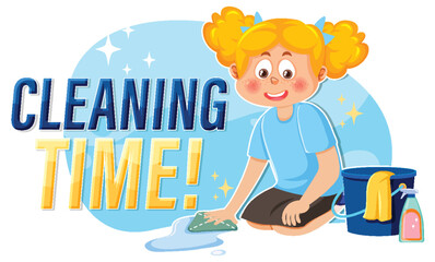 Cleaning time text with cartoon character