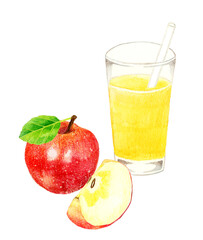 Fototapeta na wymiar コップに入ったりんごジュースとりんごの果実　飲み物とフルーツの手描き水彩イラスト素材