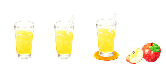コップに入ったりんごジュースとりんごの果実のセット　飲み物とフルーツの手描き水彩イラスト素材