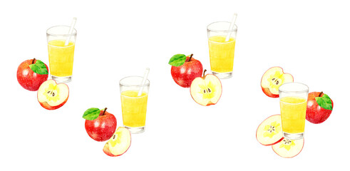 コップに入ったりんごジュースとりんごの果実のセット　飲み物とフルーツの手描き水彩イラスト素材