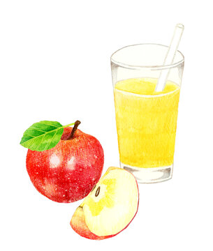 コップに入ったりんごジュースとりんごの果実　飲み物とフルーツの手描き水彩イラスト素材