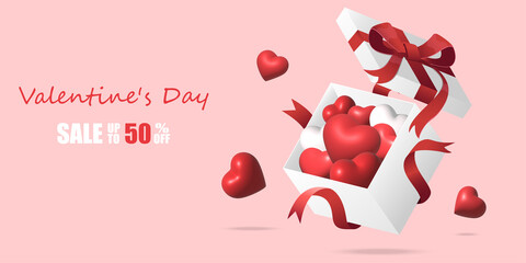 Red and white heart in gift box 3d for valentine day,background heart concept