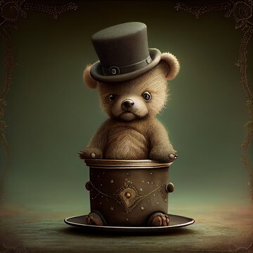 Elegant brown teddy bear posing in a bronze Flowerpot with his lovely top hat-Generate Artificial Intelligence AI