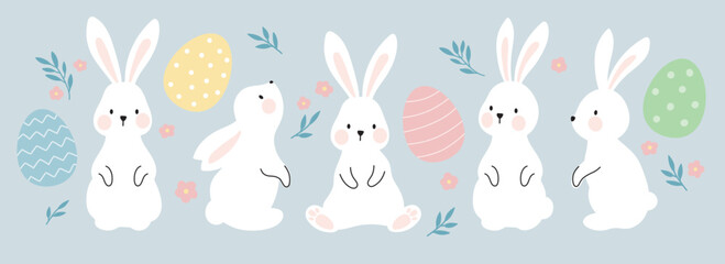 Obraz na płótnie Canvas White Easter bunny rabbits in different poses and pastel Easter eggs vector illustration.