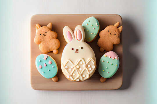 Cookie in a shape of easter rabbit, minimalist style. Generative AI