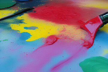 Colorful acrylic paints of primary colors red, yellow and blue
