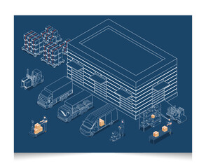 Logistics Supply Chain Management Concept banner with icons and a description of Fleet management, Warehousing, Materials handling, Inventory and Demand planning. Vector illustration eps10