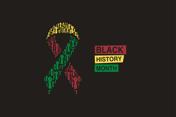 awareness ribbon made of raised fists flat style and 3 strips in pan african colors with text black history month on a dark background