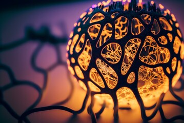 close-up shot of a glowing lamp, with the light reflecting off of a network of interconnected wires or circuitry in the background (AI Generated)