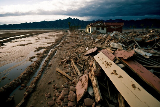 Buildings and ruins were flooded by the tsunami With Generative AI