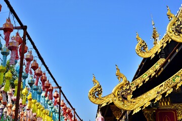 Thai art sculpture on the roof of buddhist sanctuary
Wat Inthakhin Sadue Mueang
, Chiang Mai, Thailand.