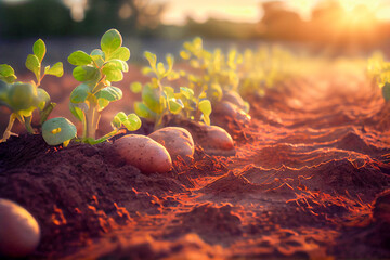 Freshly dug up potatoes in a field in the sun, generative ai
