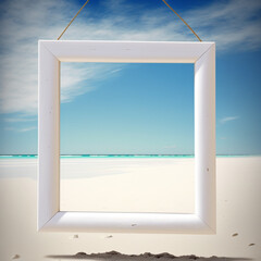 an empty white frame stands against a white sand beach and blue ocean background, generative ai
