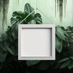 an empty white frame hangs against a backdrop of concrete green wall and leaves, Generative ai