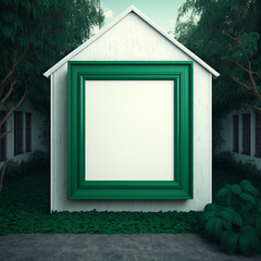 a house-shaped frame with an empty green color frame stands against a house, grass and trees that are green and beautiful, Generative ai