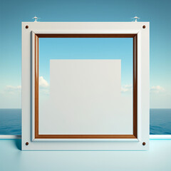 empty white frame standing on a ship with ocean background. generative ai