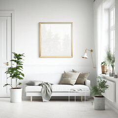 white blank frame hanging on white wall in minimalist living room. modern minimalist concept, Generative ai