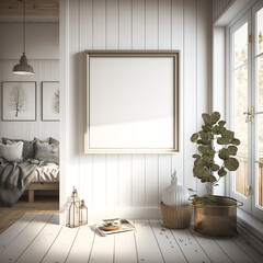 white blank frame hanging on white wall in minimalist living room. modern minimalist concept, Generative ai